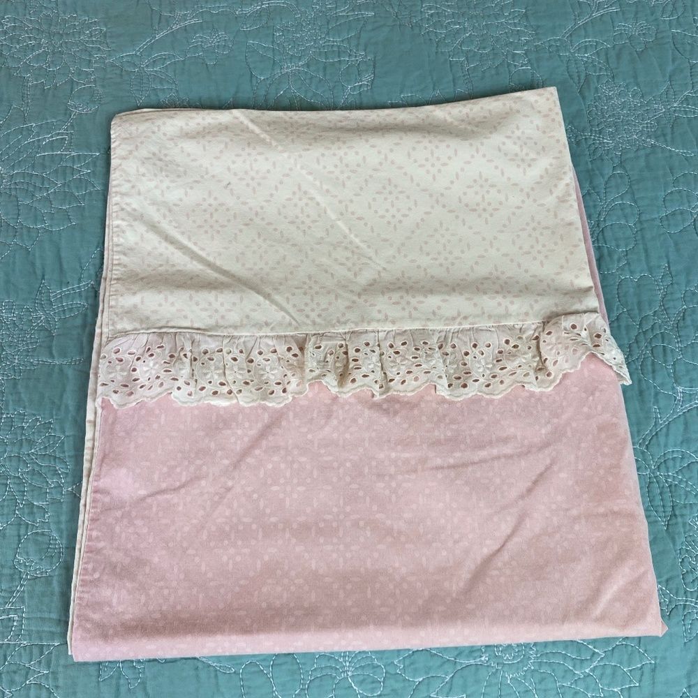 Vintage 30x28" Pillow case with pink calico and eyelet ruffle
